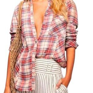 Free People Juniper Ridge Shirt Red Plaid Distressed Hem Extra Small